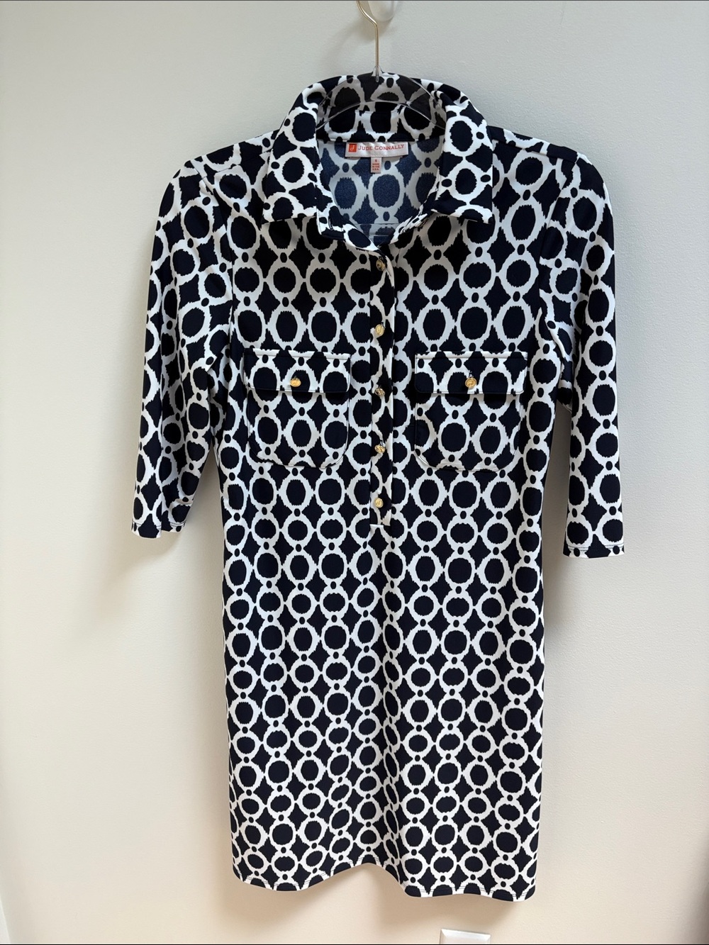 Jude Connally Navy & White Geometric Midi Shirt Dress
